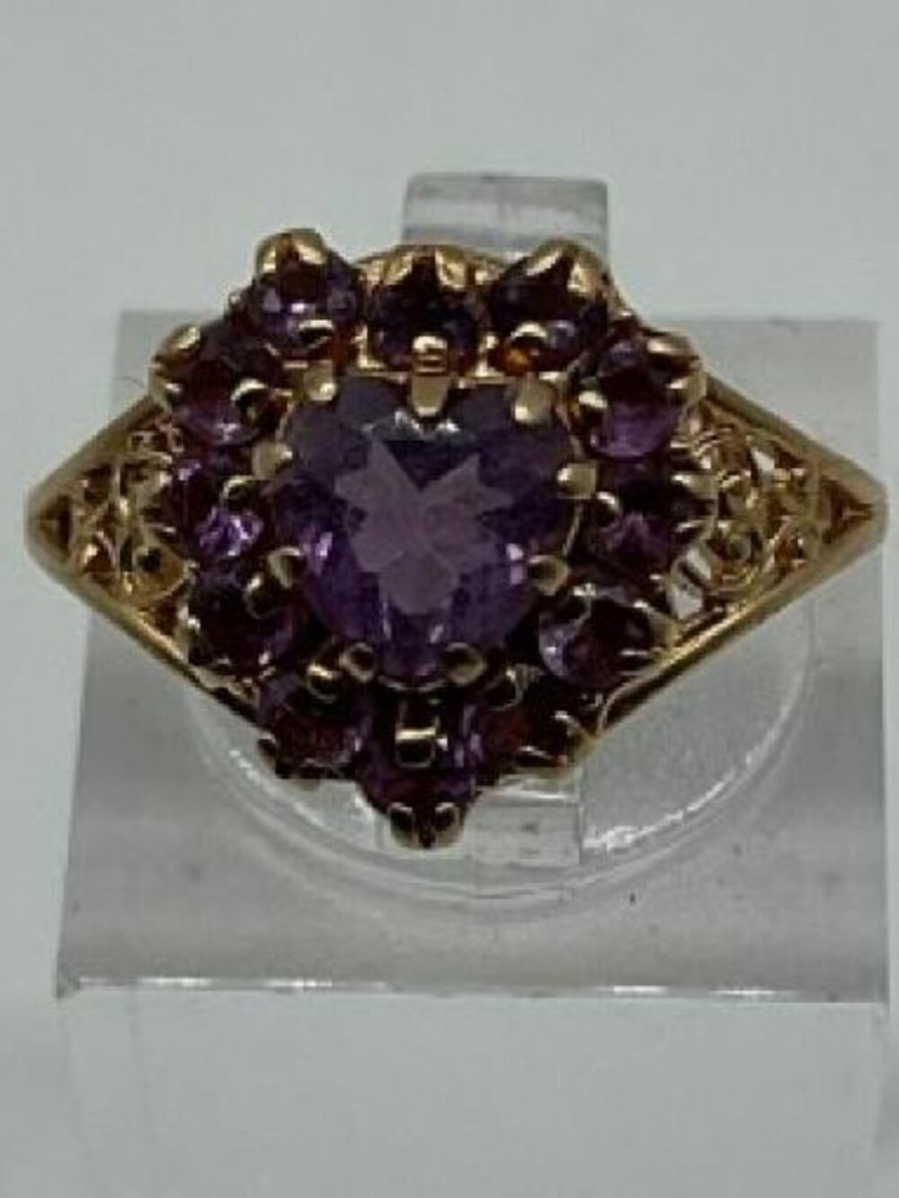 Vtg Plainville Stock Co. 10K Yellow Gold Amethyst Heart Cluster Ring Size 6.5
